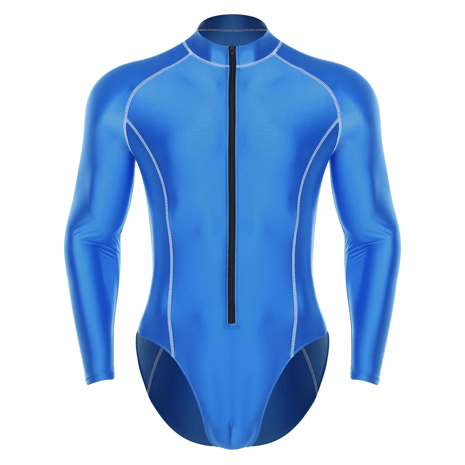 Mens Glossy Bodysuit Swimsuit Rash Guard Long Sleeve Zipper Leotard Beach Surfing Bathing Suit Gym Workout Fitness Sportswear thumbnail 3