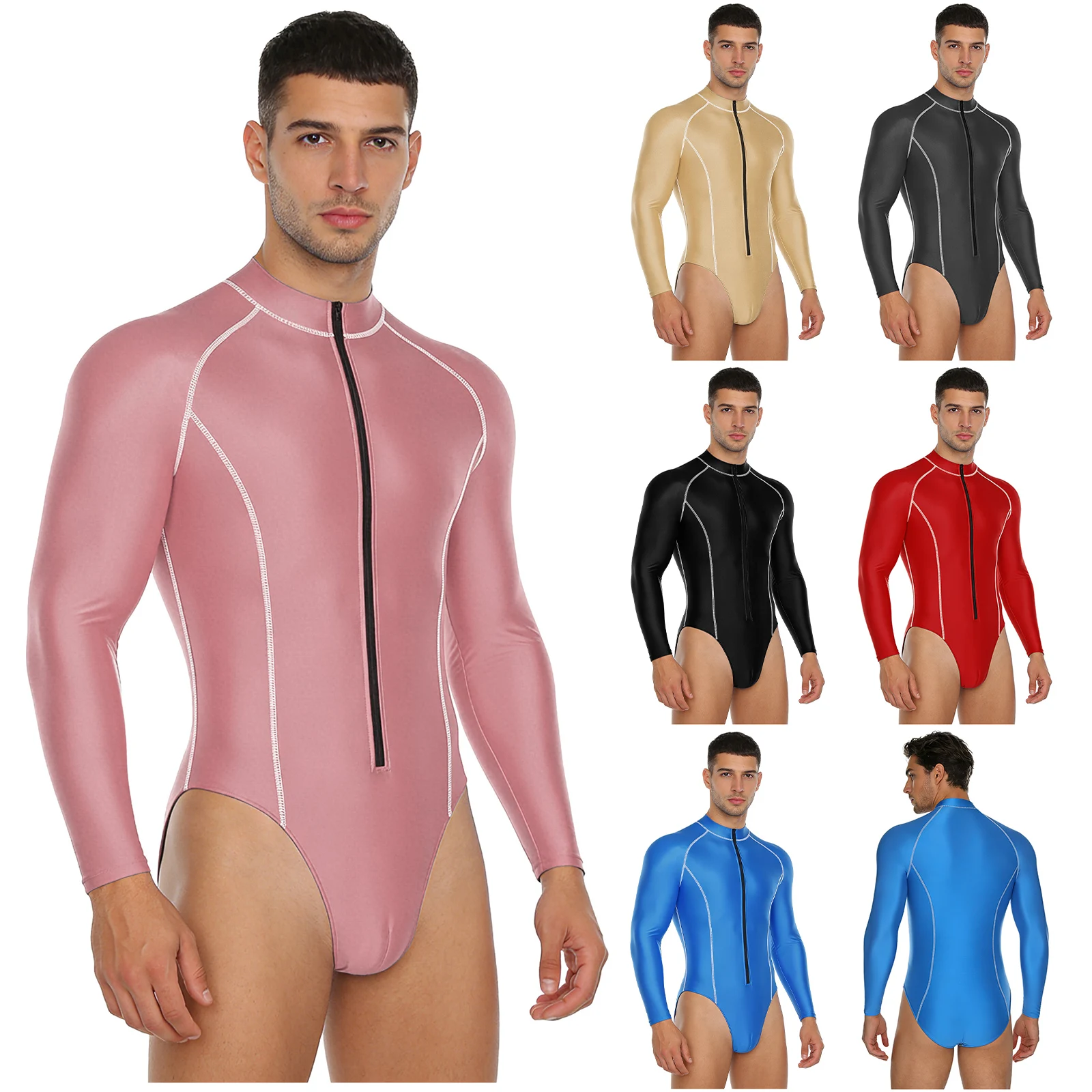 Mens Glossy Bodysuit Swimsuit Rash Guard Long Sleeve Zipper Leotard Beach Surfing Bathing Suit Gym Workout Fitness Sportswear thumbnail 5
