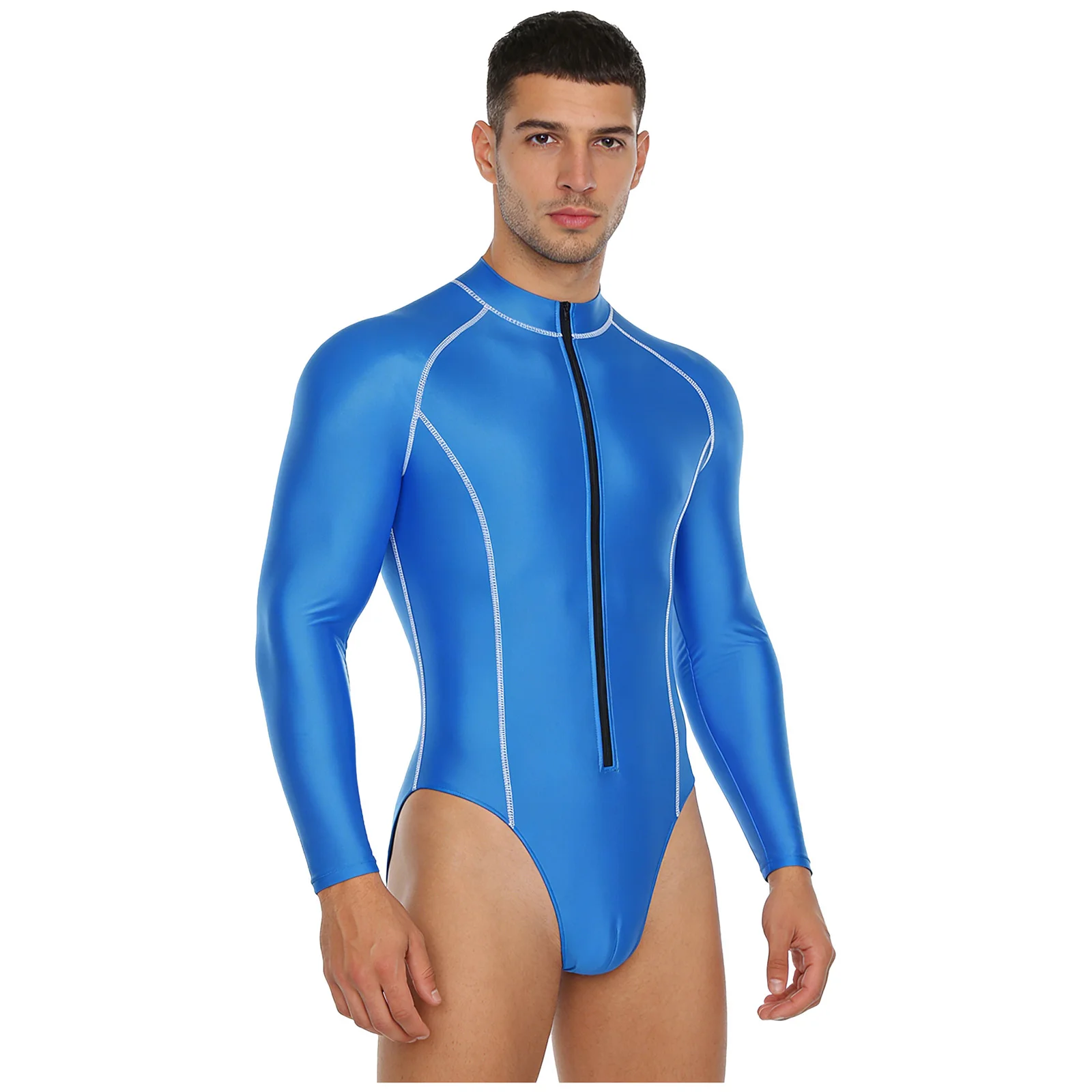 Mens Glossy Bodysuit Swimsuit Rash Guard Long Sleeve Zipper Leotard Beach Surfing Bathing Suit Gym Workout Fitness Sportswear