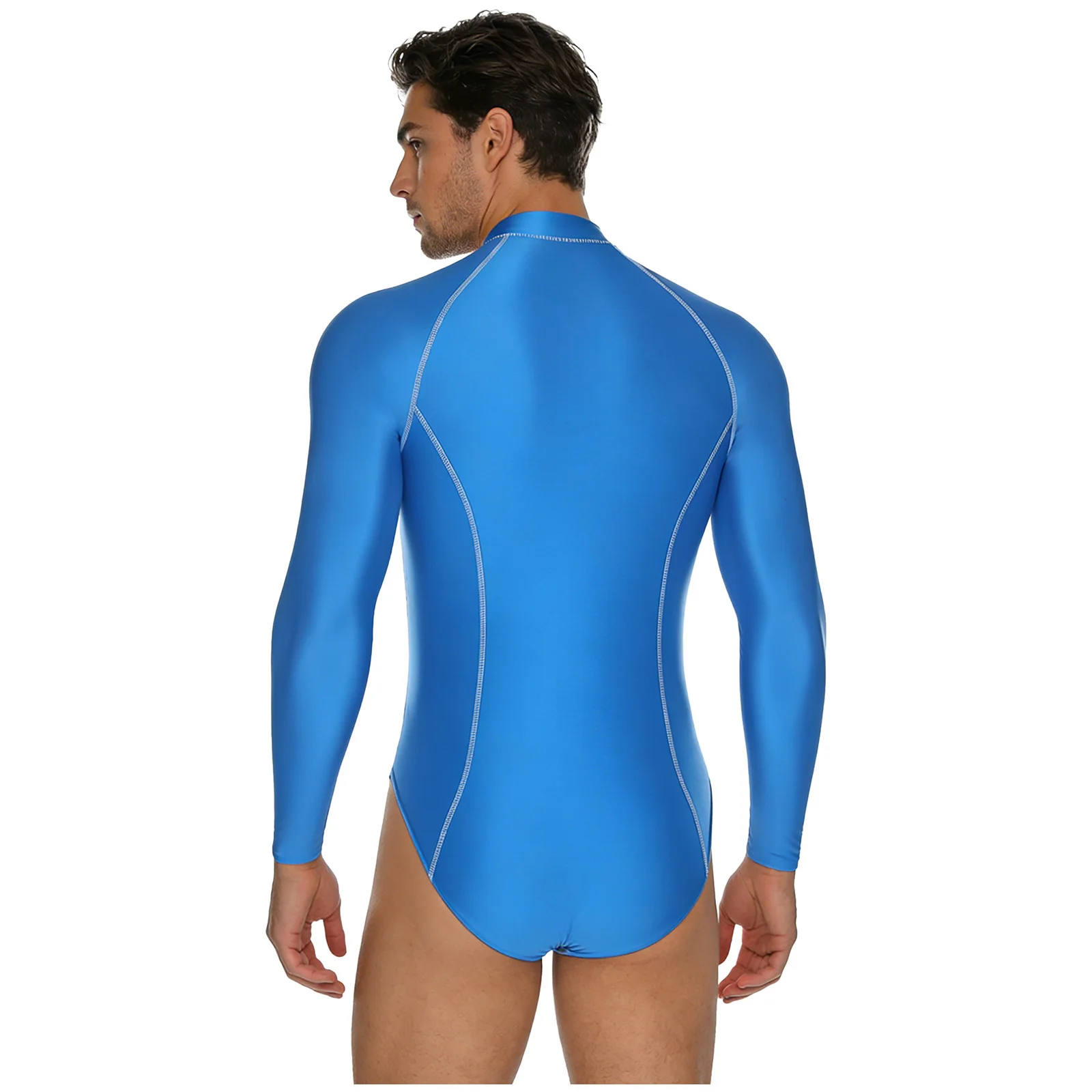 Mens Glossy Bodysuit Swimsuit Rash Guard Long Sleeve Zipper Leotard Beach Surfing Bathing Suit Gym Workout Fitness Sportswear thumbnail 2