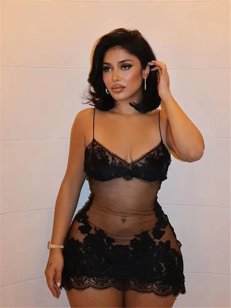 Lace Transparent Mini Dress Sexy Women Wrapping Spaghetti Embroidery Flower Sheath Nightwear Club Mesh Wave Fantacy thumbnail 5
