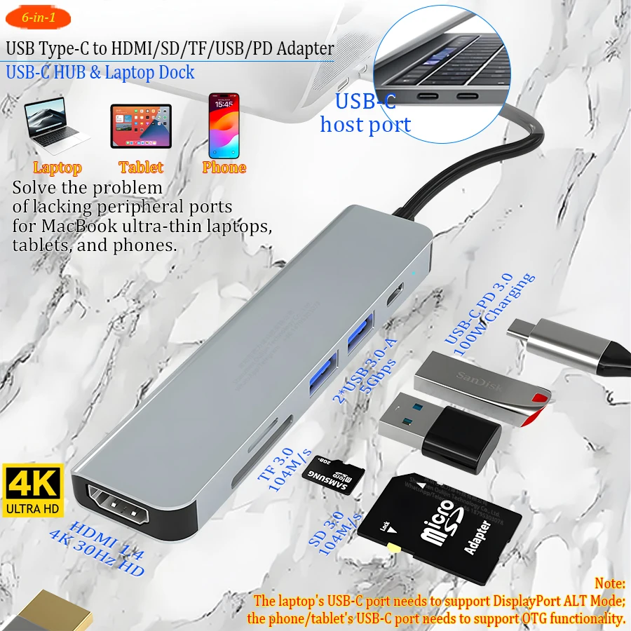 6-in-1 USB-C HUB Type-C to HDMI SD TF USB PD Adapter Laptop Dock for MacBook Surface matebook magicbook notebook thumbnail 3