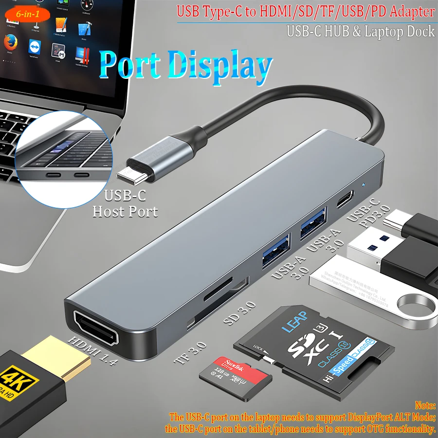 6-in-1 USB-C HUB Type-C to HDMI SD TF USB PD Adapter Laptop Dock for MacBook Surface matebook magicbook notebook thumbnail 2