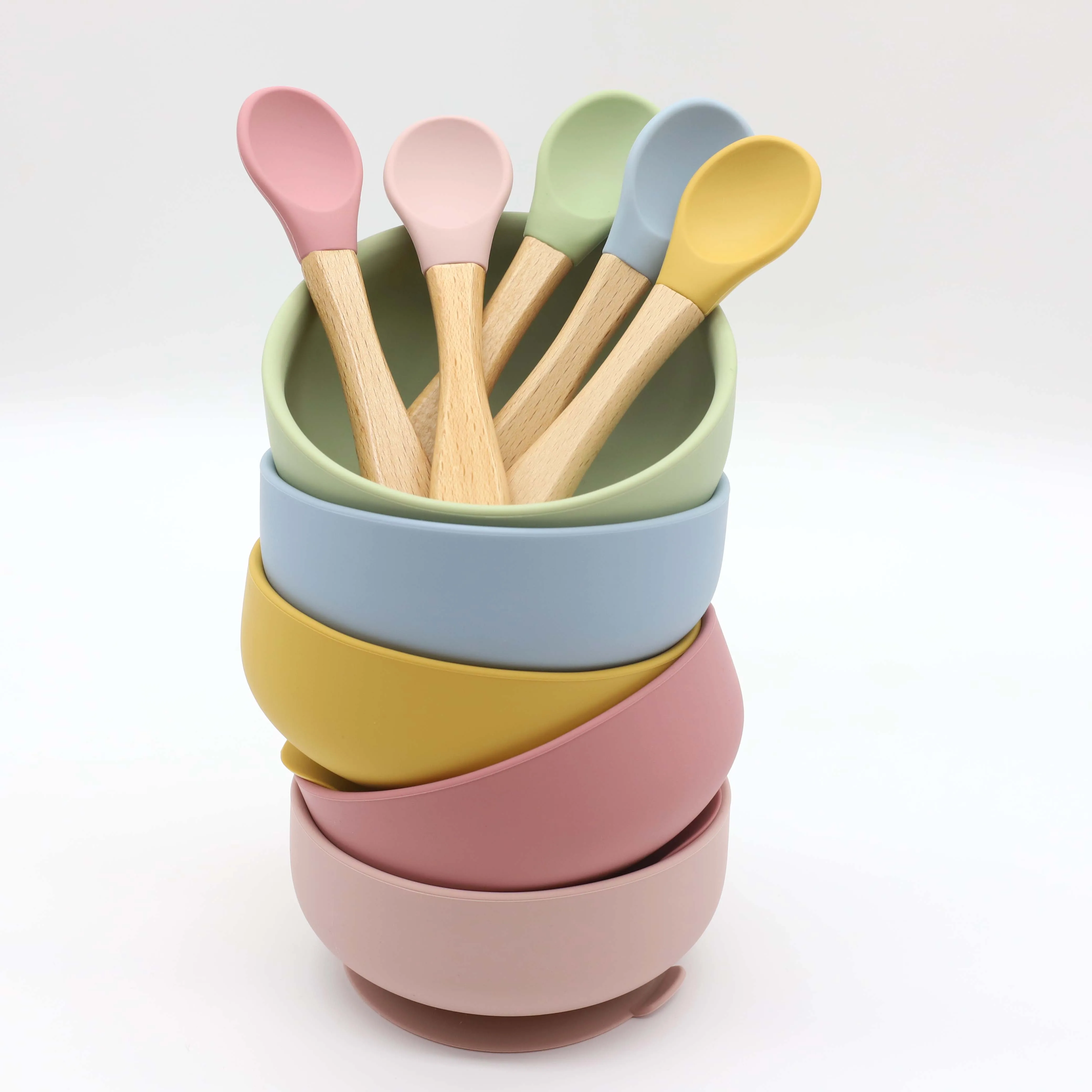 Silicone bowl with suction cup, wooden handle spoon, two-piece set for baby food and feeding utensils thumbnail 4