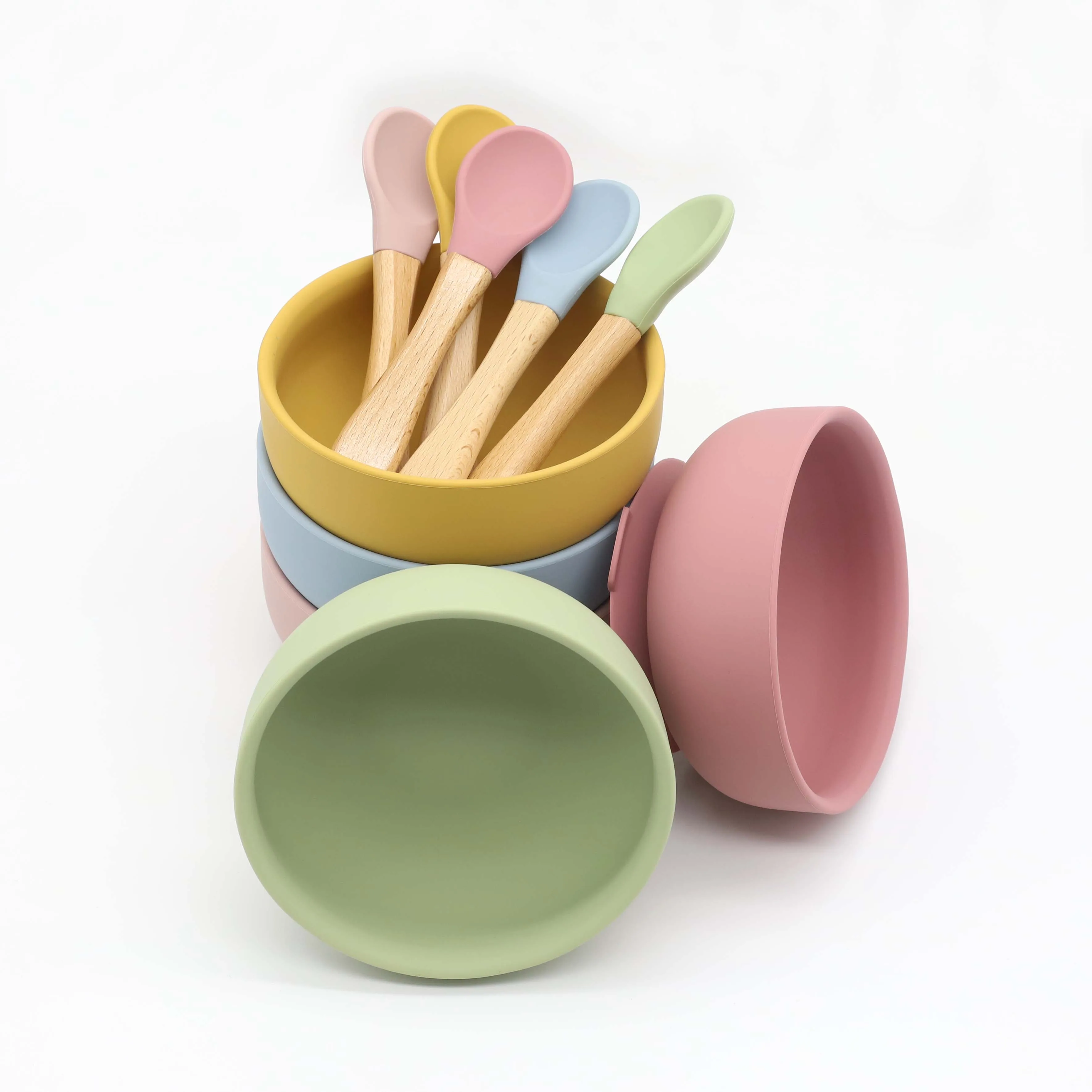 Silicone bowl with suction cup, wooden handle spoon, two-piece set for baby food and feeding utensils thumbnail 3