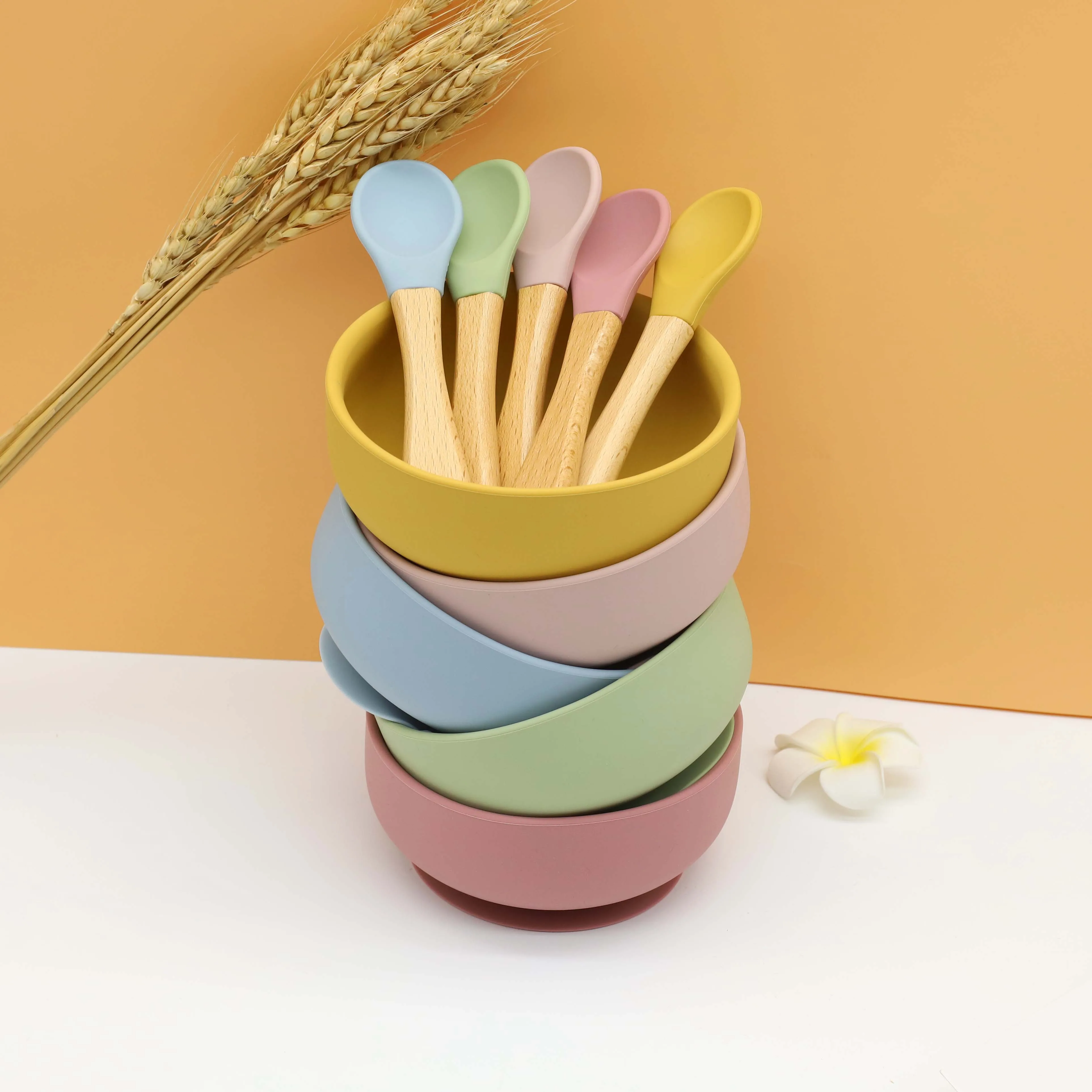Silicone bowl with suction cup, wooden handle spoon, two-piece set for baby food and feeding utensils thumbnail 6