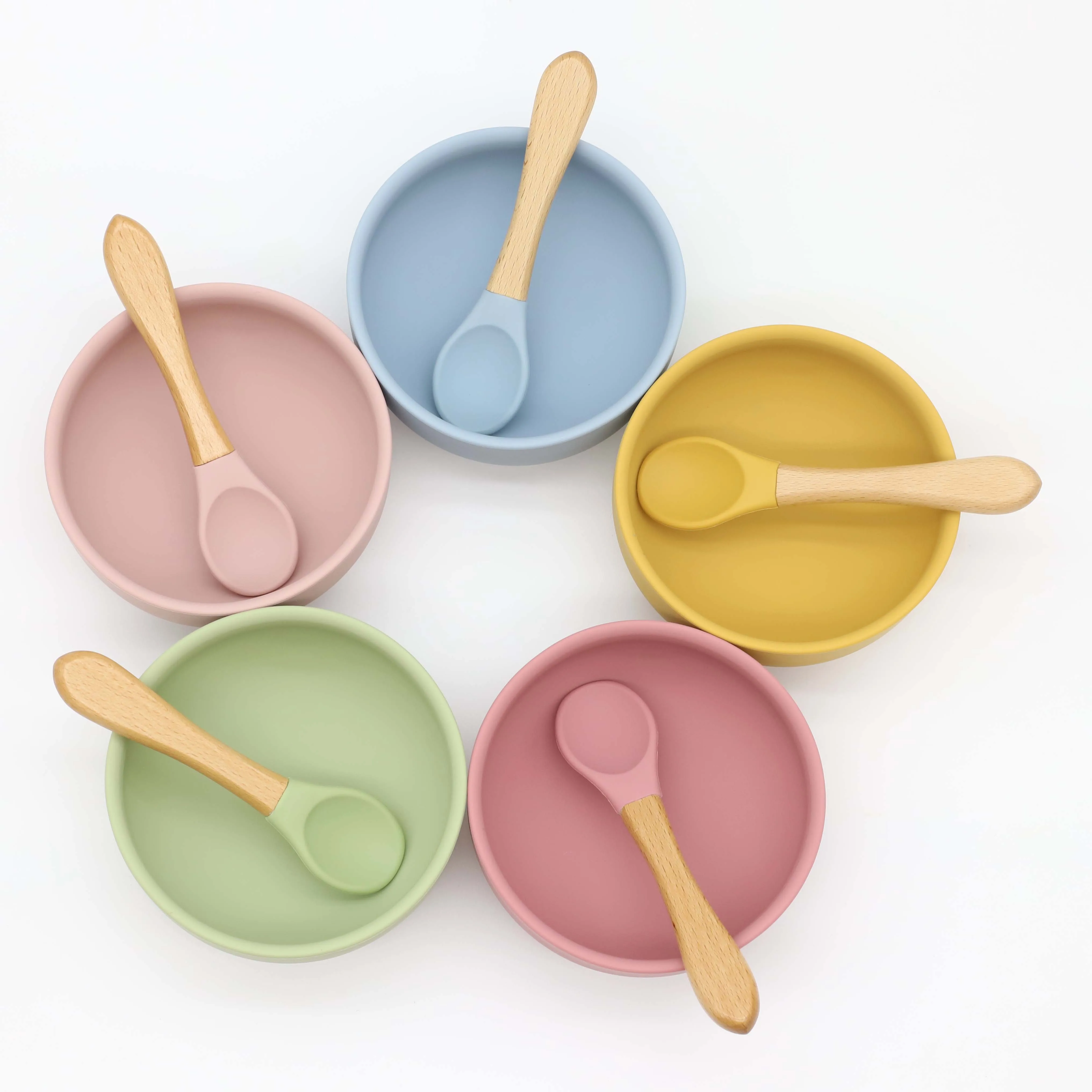 Silicone bowl with suction cup, wooden handle spoon, two-piece set for baby food and feeding utensils thumbnail 2