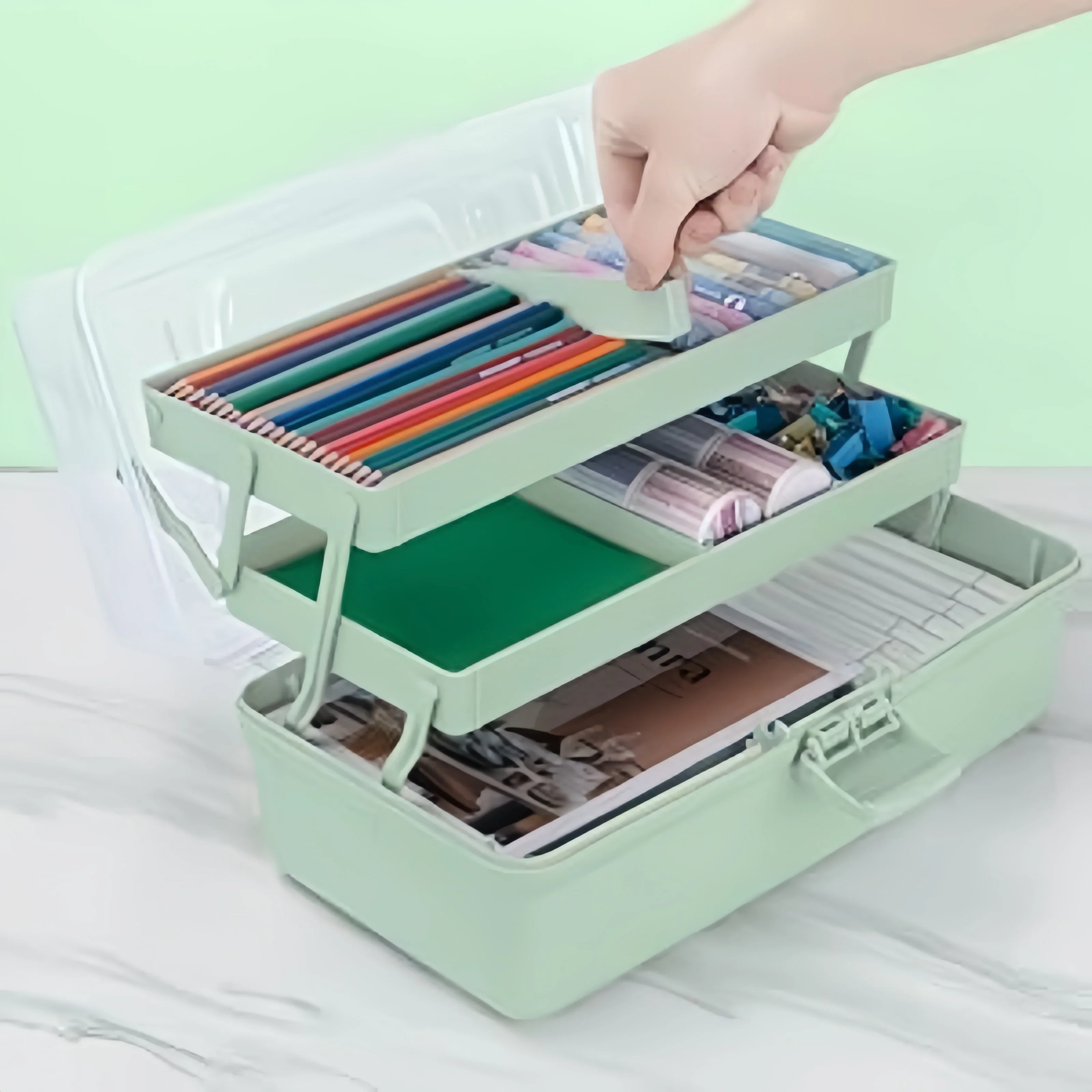 3-Layer Plastic Dividing Storage Box Craft Organizer and Storage with Adjustable Spacers Portable Handled Art Supply Organizer thumbnail 4