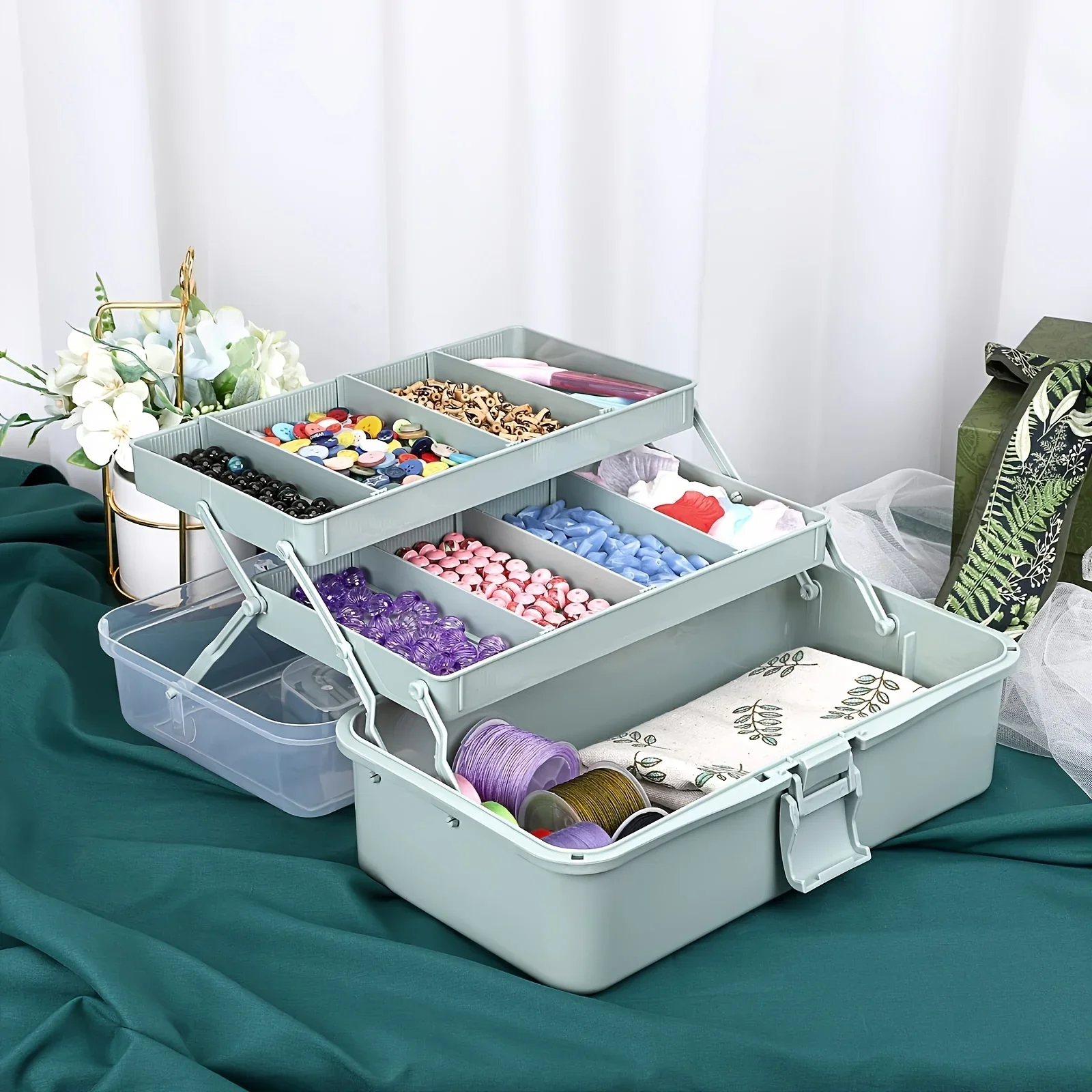 3-Layer Plastic Dividing Storage Box Craft Organizer and Storage with Adjustable Spacers Portable Handled Art Supply Organizer thumbnail 2
