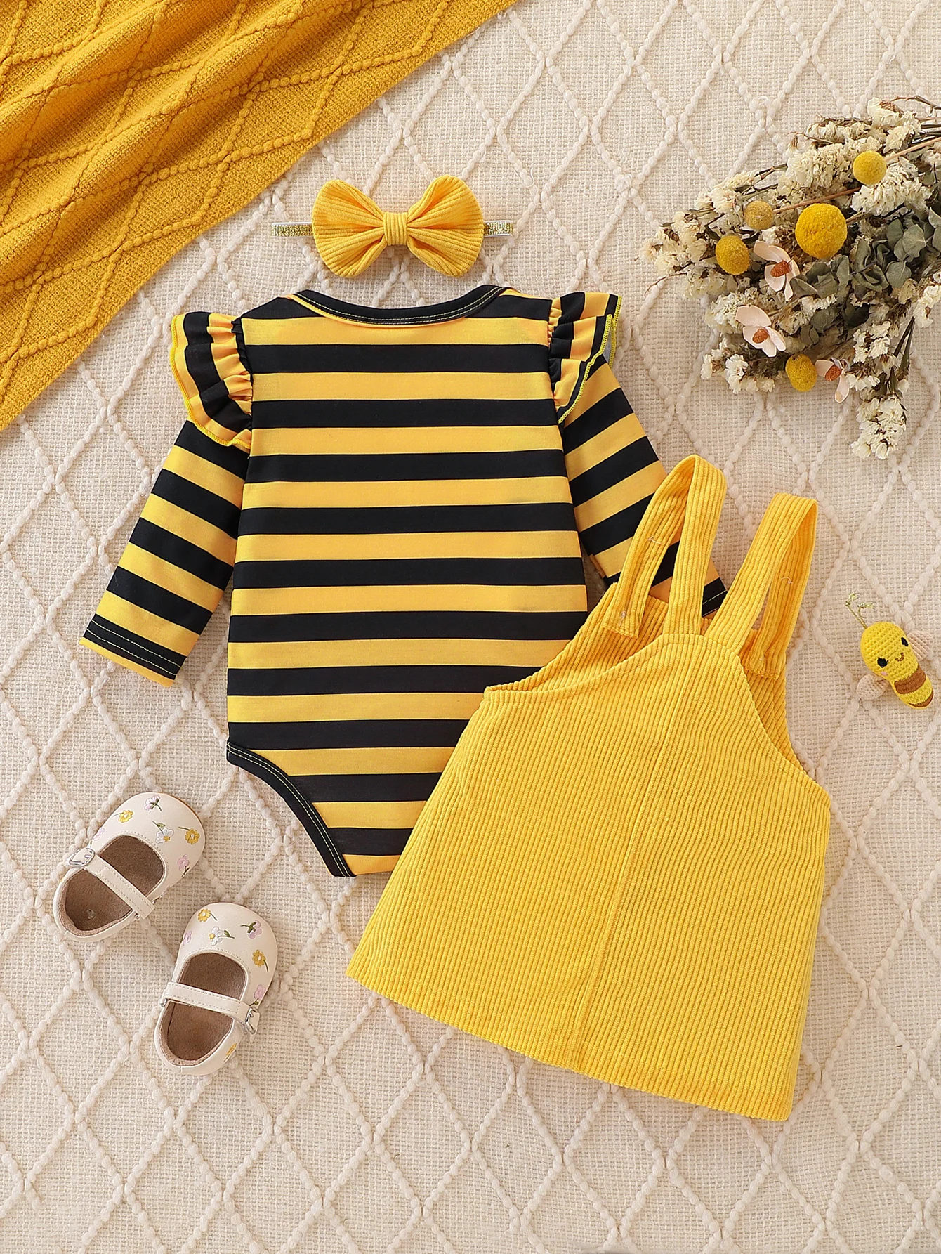 Baby Girl Bee-Stripe Ruffle Sleeve Top & Yellow Corduroy Pinafore Dress Set with Bow Headband thumbnail 3