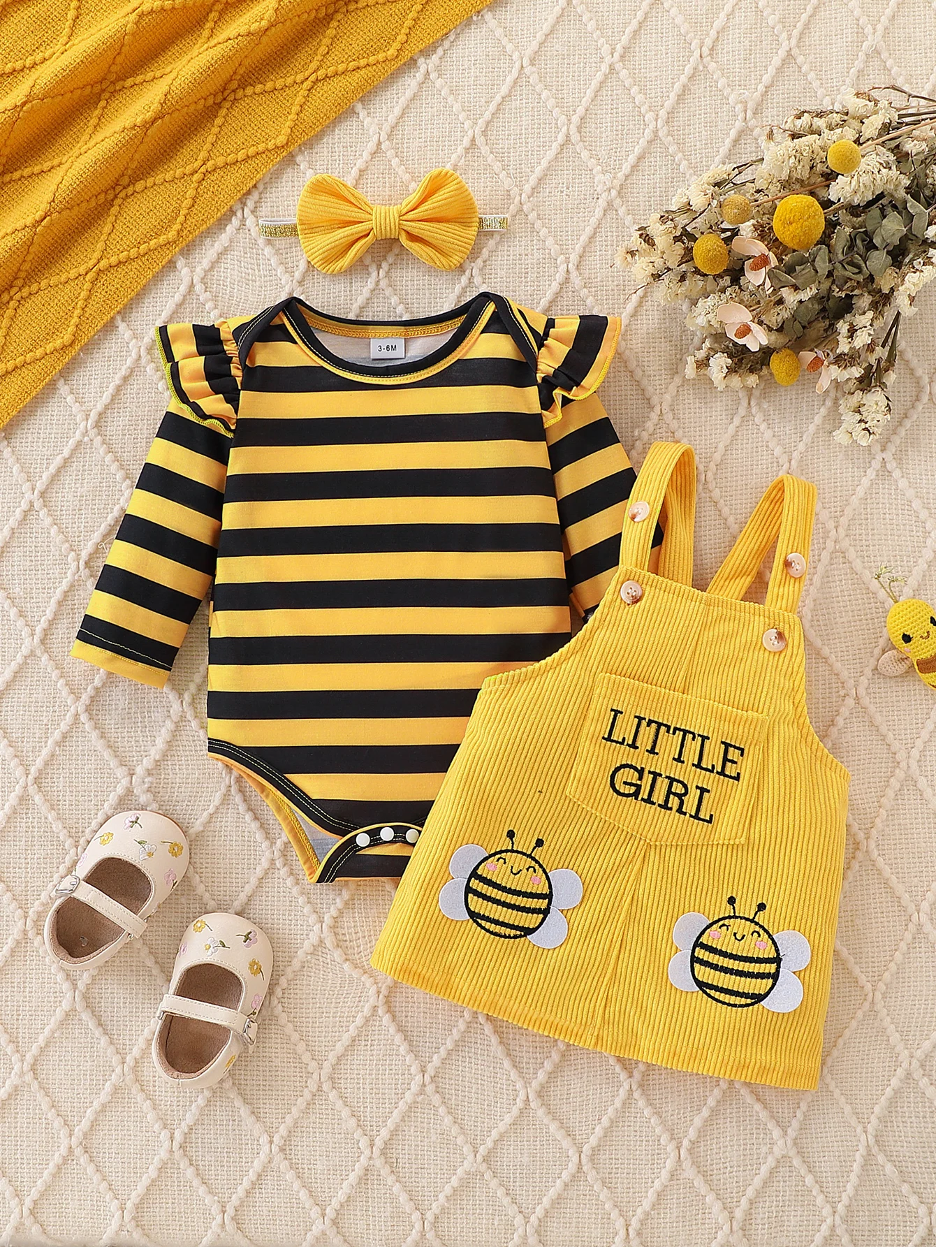 Baby Girl Bee-Stripe Ruffle Sleeve Top & Yellow Corduroy Pinafore Dress Set with Bow Headband thumbnail 2