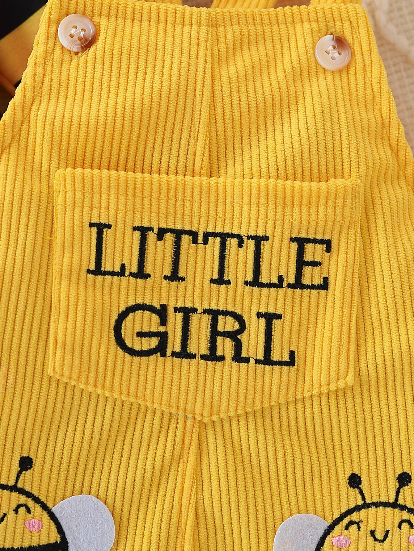 Baby Girl Bee-Stripe Ruffle Sleeve Top & Yellow Corduroy Pinafore Dress Set with Bow Headband thumbnail 5