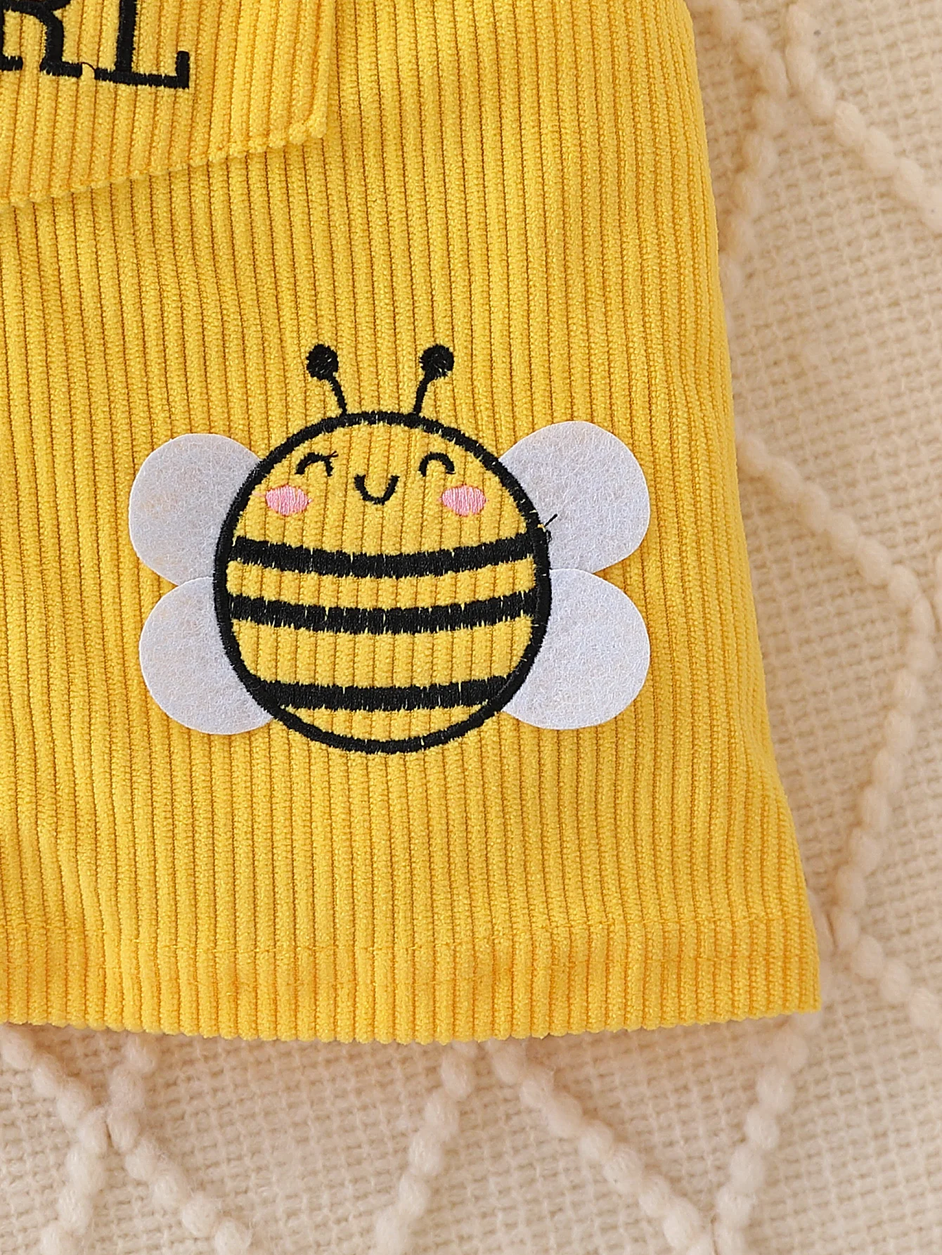 Baby Girl Bee-Stripe Ruffle Sleeve Top & Yellow Corduroy Pinafore Dress Set with Bow Headband thumbnail 6