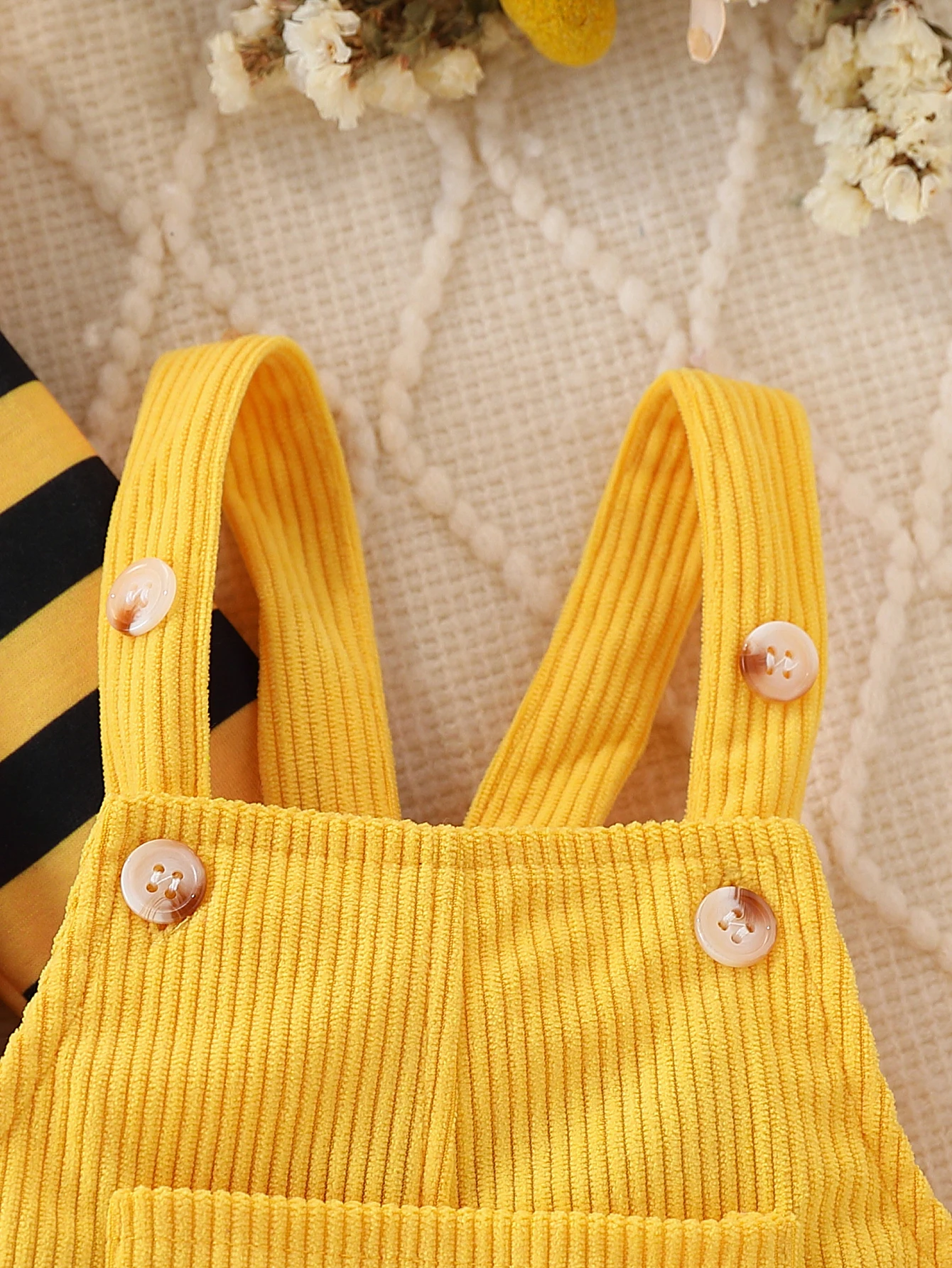 Baby Girl Bee-Stripe Ruffle Sleeve Top & Yellow Corduroy Pinafore Dress Set with Bow Headband thumbnail 4