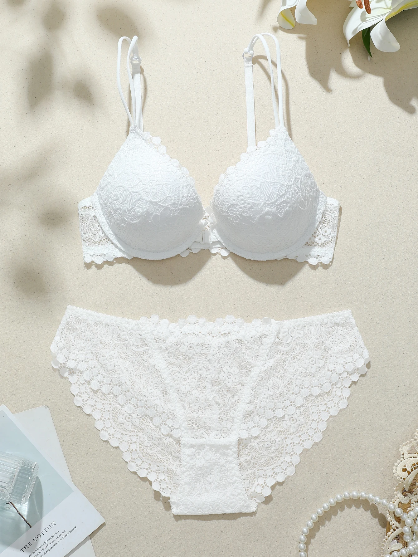 Women's Underwear Set Solid Color Lace Splicing Fabric Front Clasp Push up Bra Sexy Bras Panties thumbnail 6