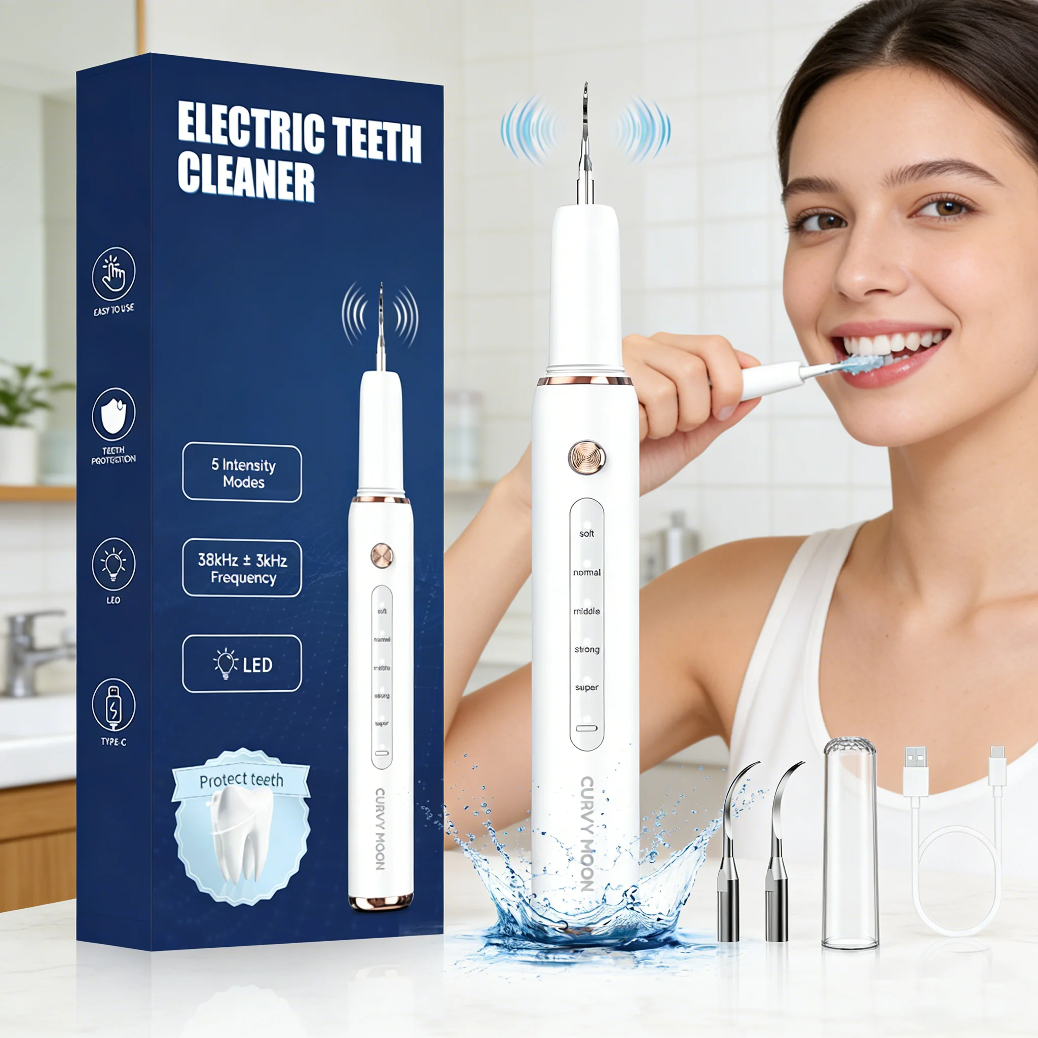CURVY MOON T4 Electric Ultrasonic Tooth Cleaner Tartar Remover Tooth Stain Cleaning Tools Personal Teeth Whitening Home Care
