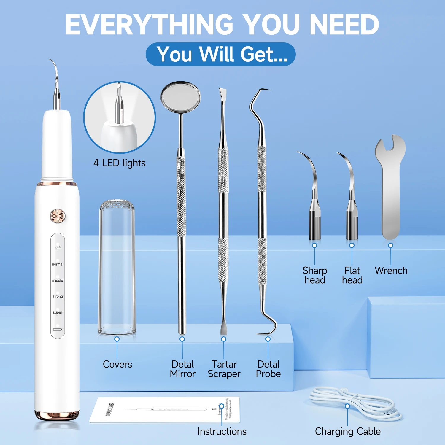 CURVY MOON T4 Electric Ultrasonic Tooth Cleaner Tartar Remover Tooth Stain Cleaning Tools Personal Teeth Whitening Home Care thumbnail 6