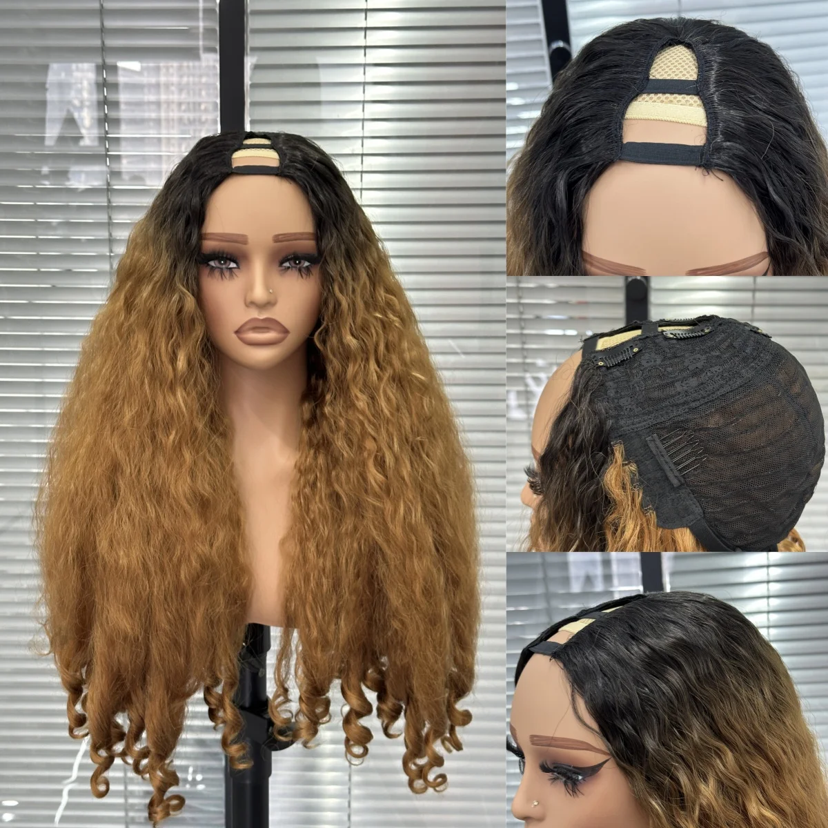 V Part Afro Curly Yaki Wigs for Black Women Ginger Kinky Straight Full Machine Synthetic Wigs Yaki Straight Glueless Vpart Wig thumbnail 4