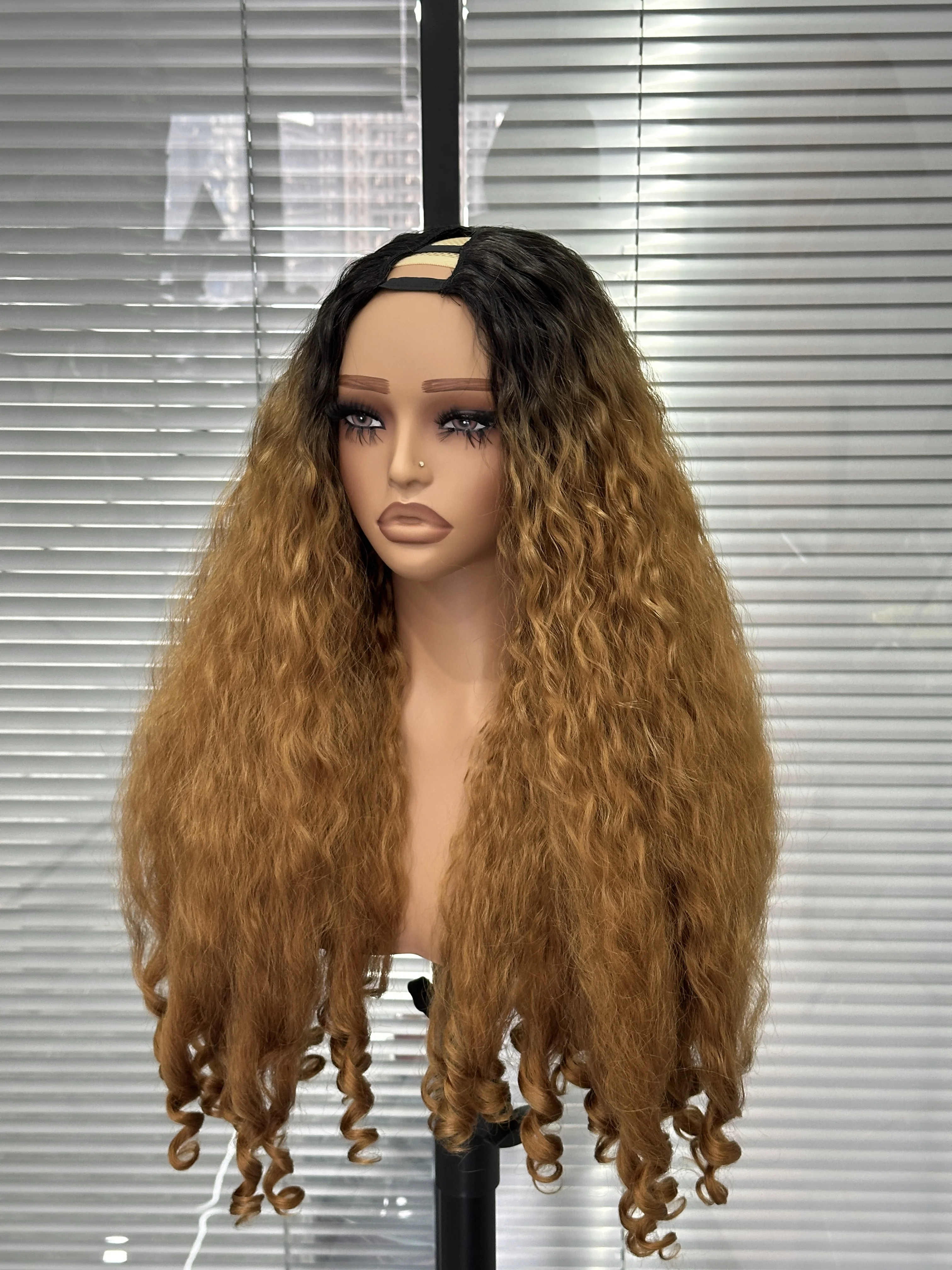V Part Afro Curly Yaki Wigs for Black Women Ginger Kinky Straight Full Machine Synthetic Wigs Yaki Straight Glueless Vpart Wig thumbnail 3