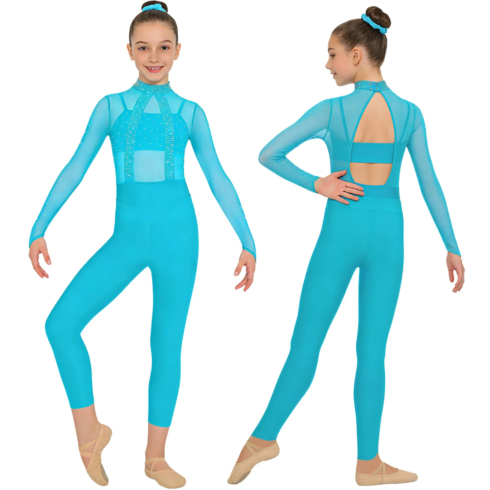 Girls Shiny Rhinestones Sheer Mesh Ballet Dance Gymnastics Leotard with Vest Leggings for Figure Skating Acrobatics Performance