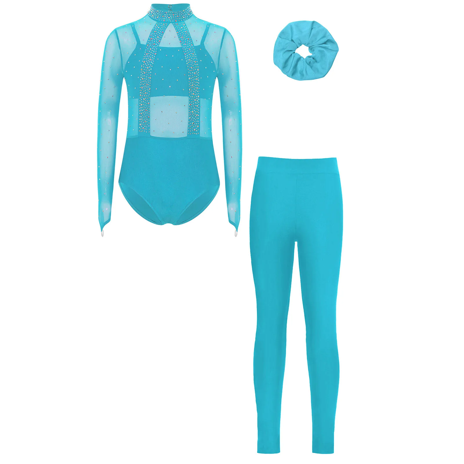 Girls Shiny Rhinestones Sheer Mesh Ballet Dance Gymnastics Leotard with Vest Leggings for Figure Skating Acrobatics Performance thumbnail 2