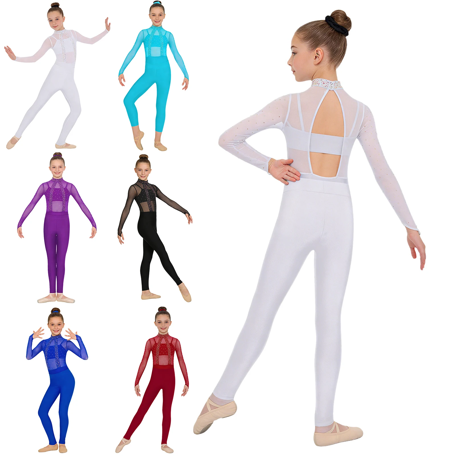Girls Shiny Rhinestones Sheer Mesh Ballet Dance Gymnastics Leotard with Vest Leggings for Figure Skating Acrobatics Performance thumbnail 5