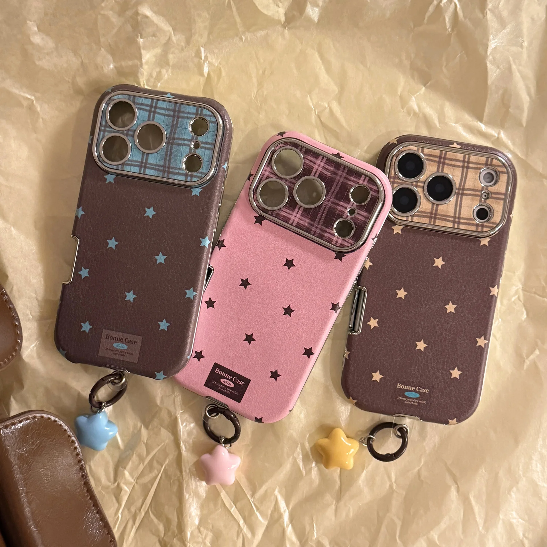 Korean Retro Stars Plating Leather Texture Phone Case For iPhone 17 16 15 Plus 14 13 12 11 Pro Max With Pendant Shockproof Cover thumbnail 5