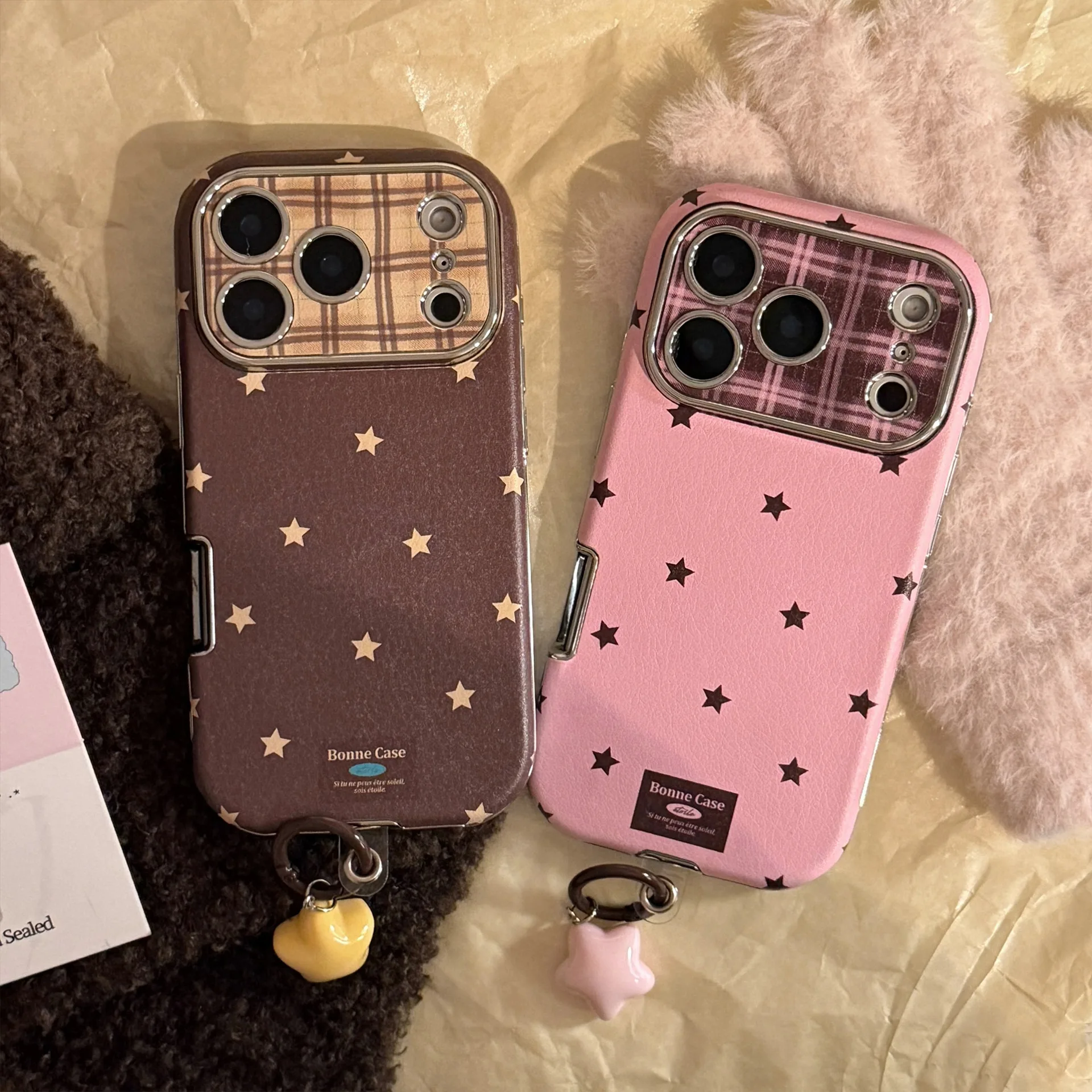 Korean Retro Stars Plating Leather Texture Phone Case For iPhone 17 16 15 Plus 14 13 12 11 Pro Max With Pendant Shockproof Cover thumbnail 6