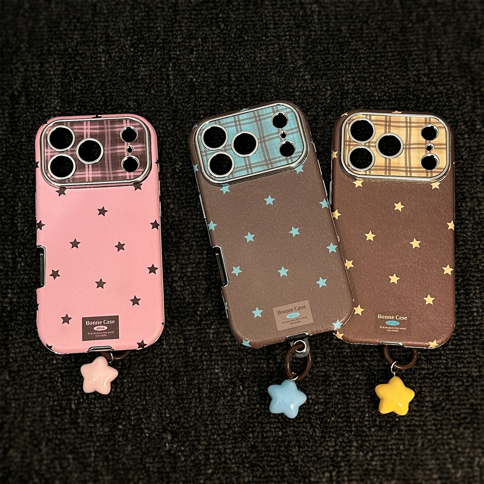 Korean Retro Stars Plating Leather Texture Phone Case For iPhone 17 16 15 Plus 14 13 12 11 Pro Max With Pendant Shockproof Cover thumbnail 4