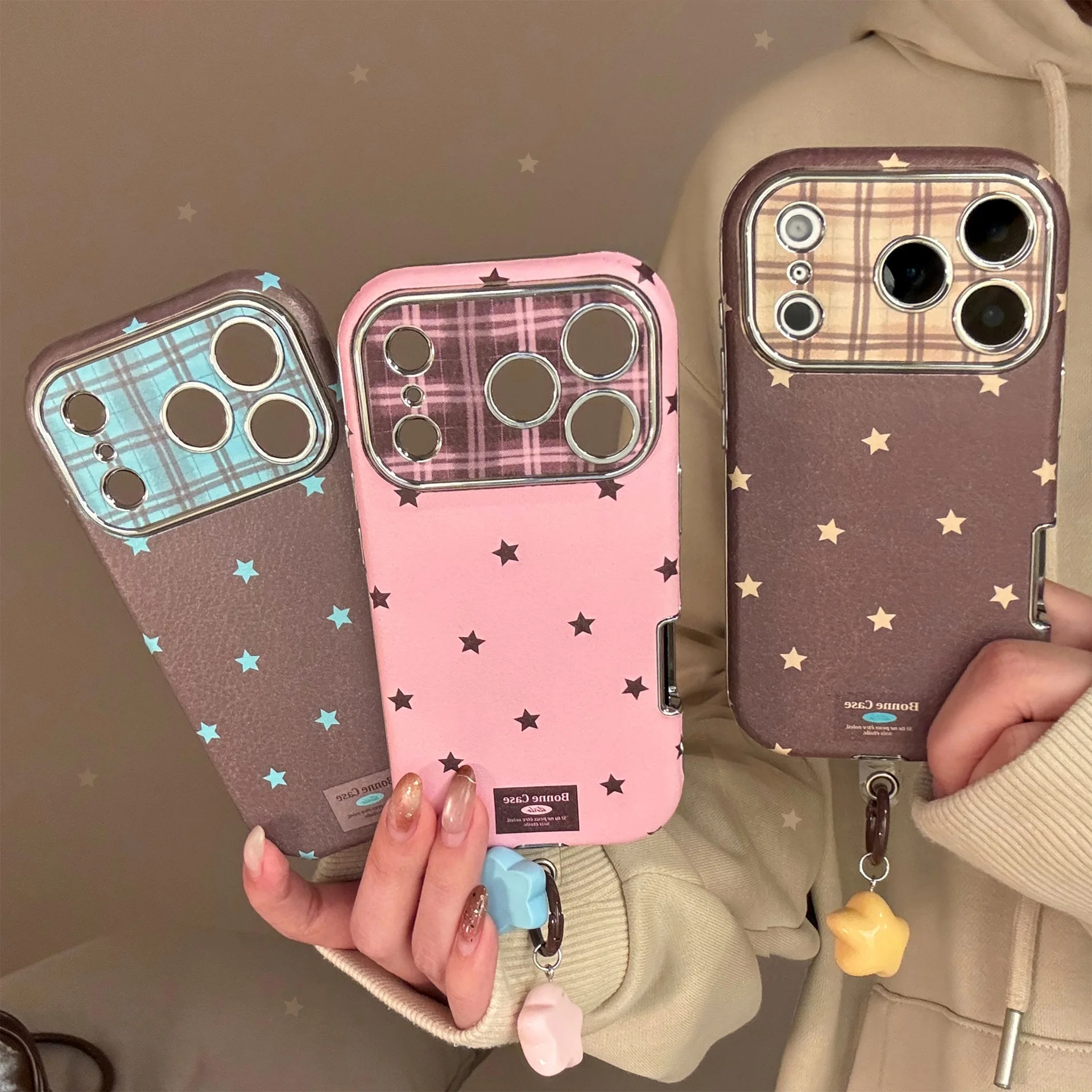 Korean Retro Stars Plating Leather Texture Phone Case For iPhone 17 16 15 Plus 14 13 12 11 Pro Max With Pendant Shockproof Cover thumbnail 2