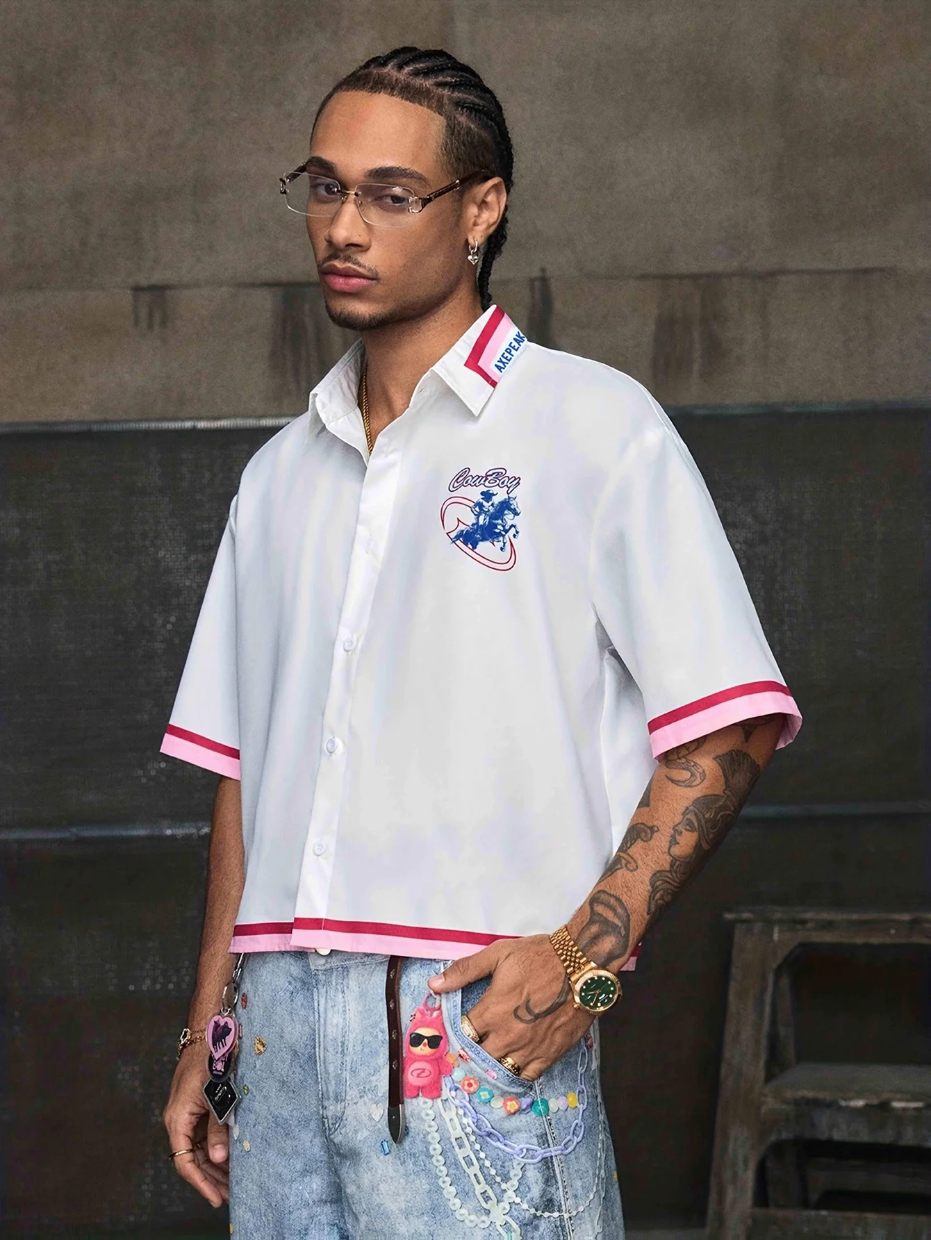 [College Style] Men's Spring, Summer, and Autumn 'COWBOY' Denim Print Casual Comfortable Short-Sleeve Crop Shirt, suitable for c thumbnail 6