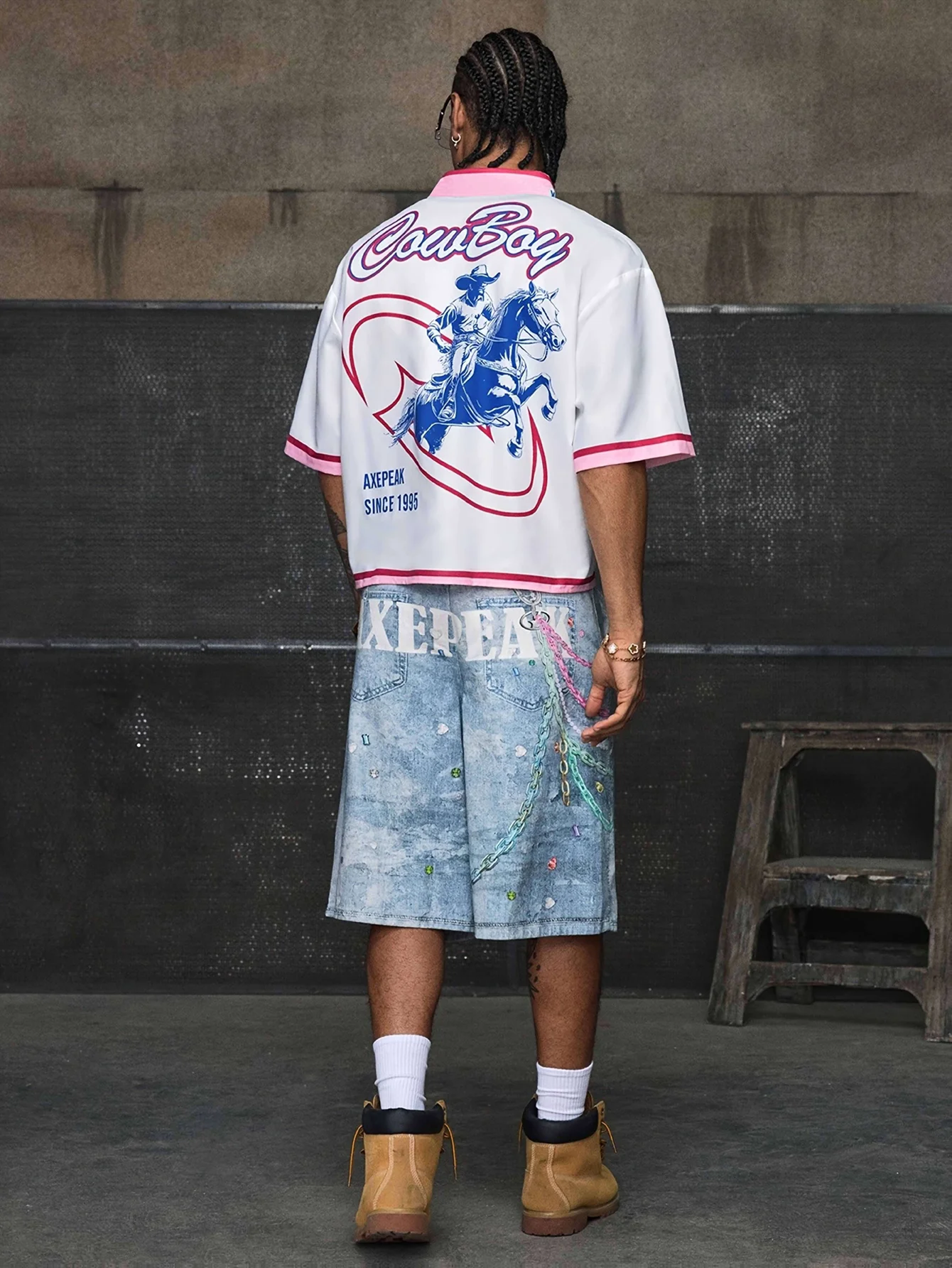 [College Style] Men's Spring, Summer, and Autumn 'COWBOY' Denim Print Casual Comfortable Short-Sleeve Crop Shirt, suitable for c thumbnail 5