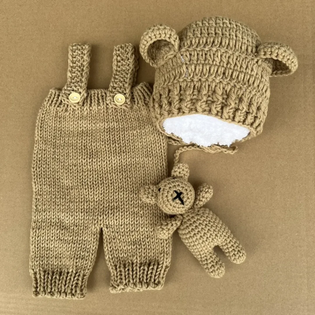 3pcs/sets Newborn Cute Bear Photography Clothing Hand-woven Romper Pants Hat Dolls Decor Props Baby Photoshoot Outfits thumbnail 2