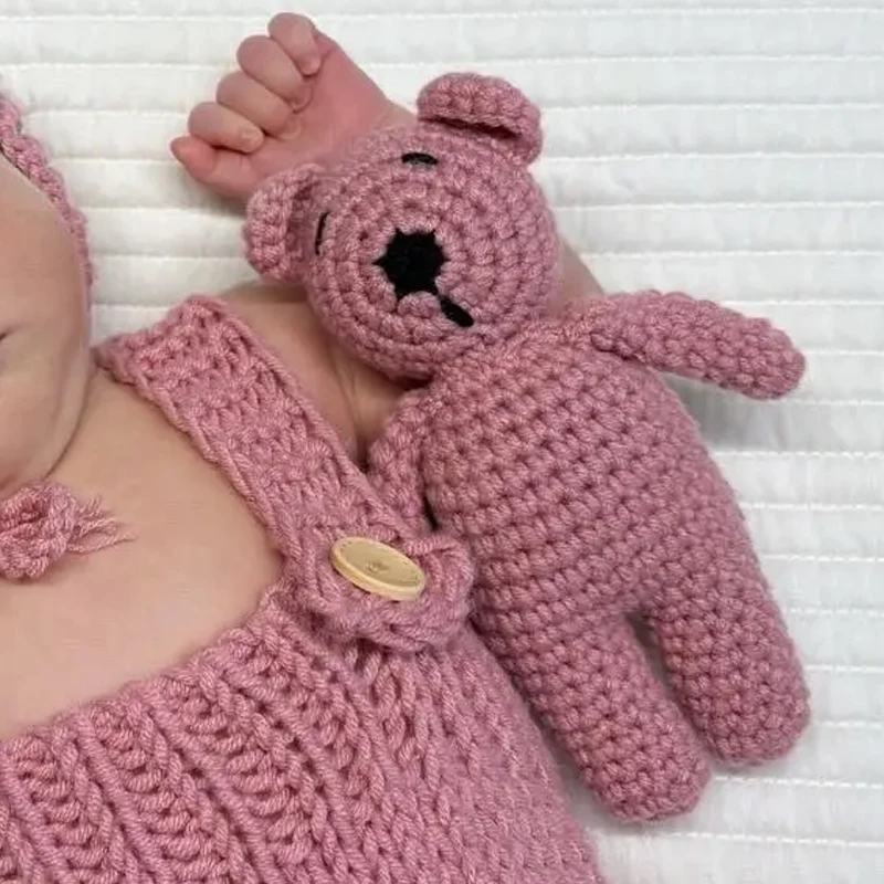 3pcs/sets Newborn Cute Bear Photography Clothing Hand-woven Romper Pants Hat Dolls Decor Props Baby Photoshoot Outfits thumbnail 5