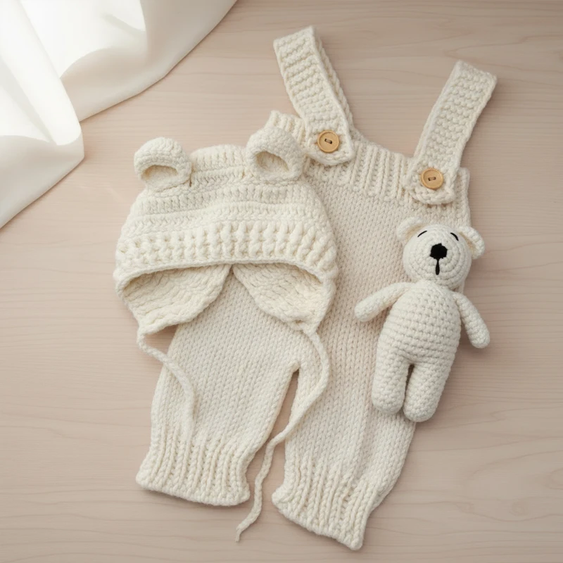3pcs/sets Newborn Cute Bear Photography Clothing Hand-woven Romper Pants Hat Dolls Decor Props Baby Photoshoot Outfits thumbnail 4