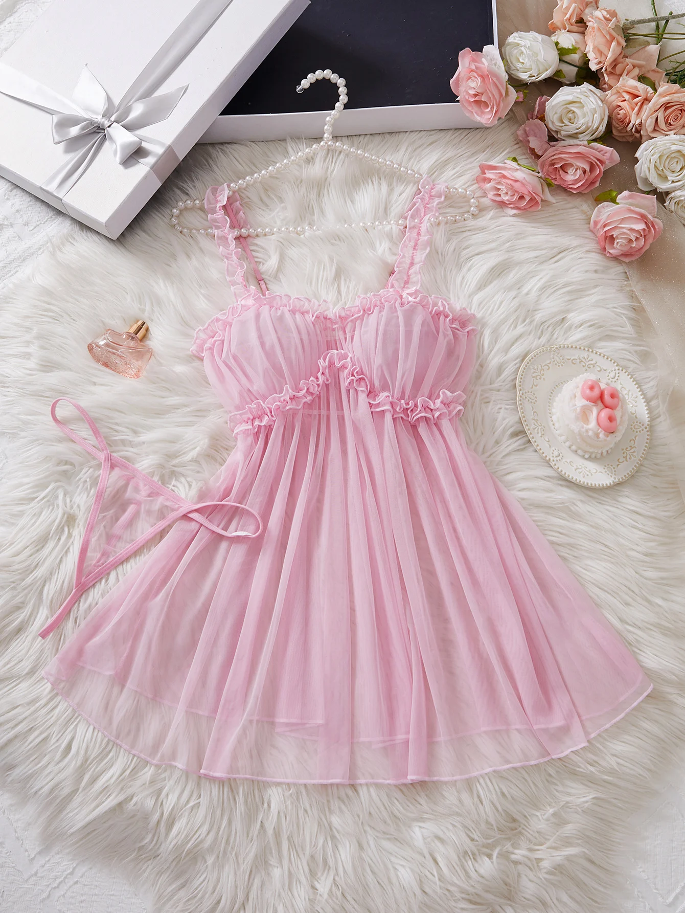Women Perspective Mesh Nightdress Bow Wrapped Around Chest Pink Sexy Babydoll With Thong Erotic Sexy Lingerie Valentine Day Gift thumbnail 2