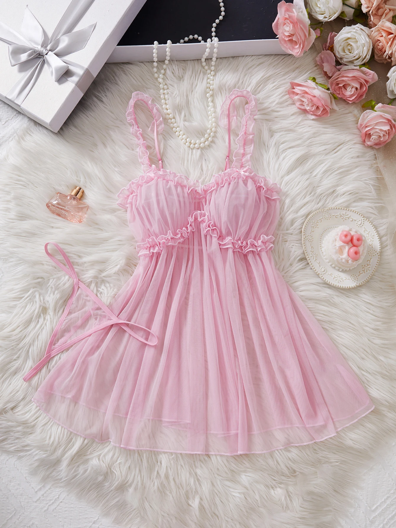 Women Perspective Mesh Nightdress Bow Wrapped Around Chest Pink Sexy Babydoll With Thong Erotic Sexy Lingerie Valentine Day Gift thumbnail 3