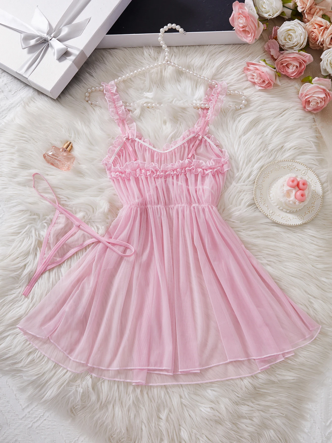 Women Perspective Mesh Nightdress Bow Wrapped Around Chest Pink Sexy Babydoll With Thong Erotic Sexy Lingerie Valentine Day Gift thumbnail 4