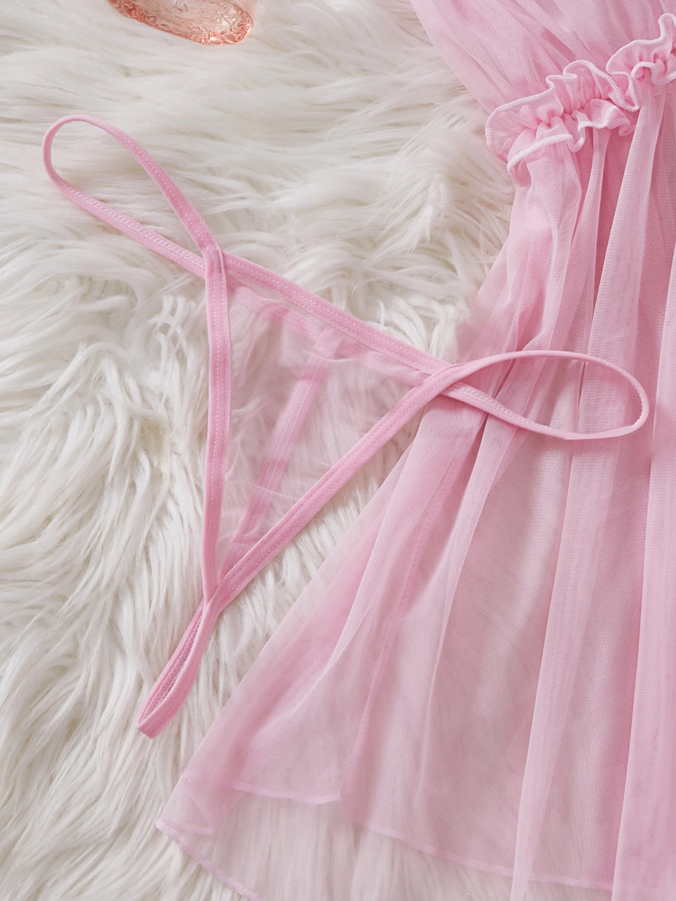 Women Perspective Mesh Nightdress Bow Wrapped Around Chest Pink Sexy Babydoll With Thong Erotic Sexy Lingerie Valentine Day Gift thumbnail 6