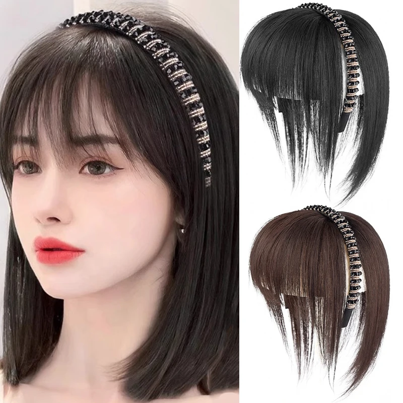 Synthetic Hair Bangs with Headband Hair Extension Wig Sparkling Hairband with Straight Hair Extensions for Women Use Hair Topper
