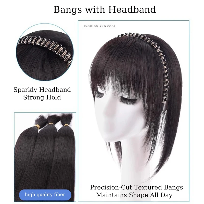 Synthetic Hair Bangs with Headband Hair Extension Wig Sparkling Hairband with Straight Hair Extensions for Women Use Hair Topper thumbnail 3