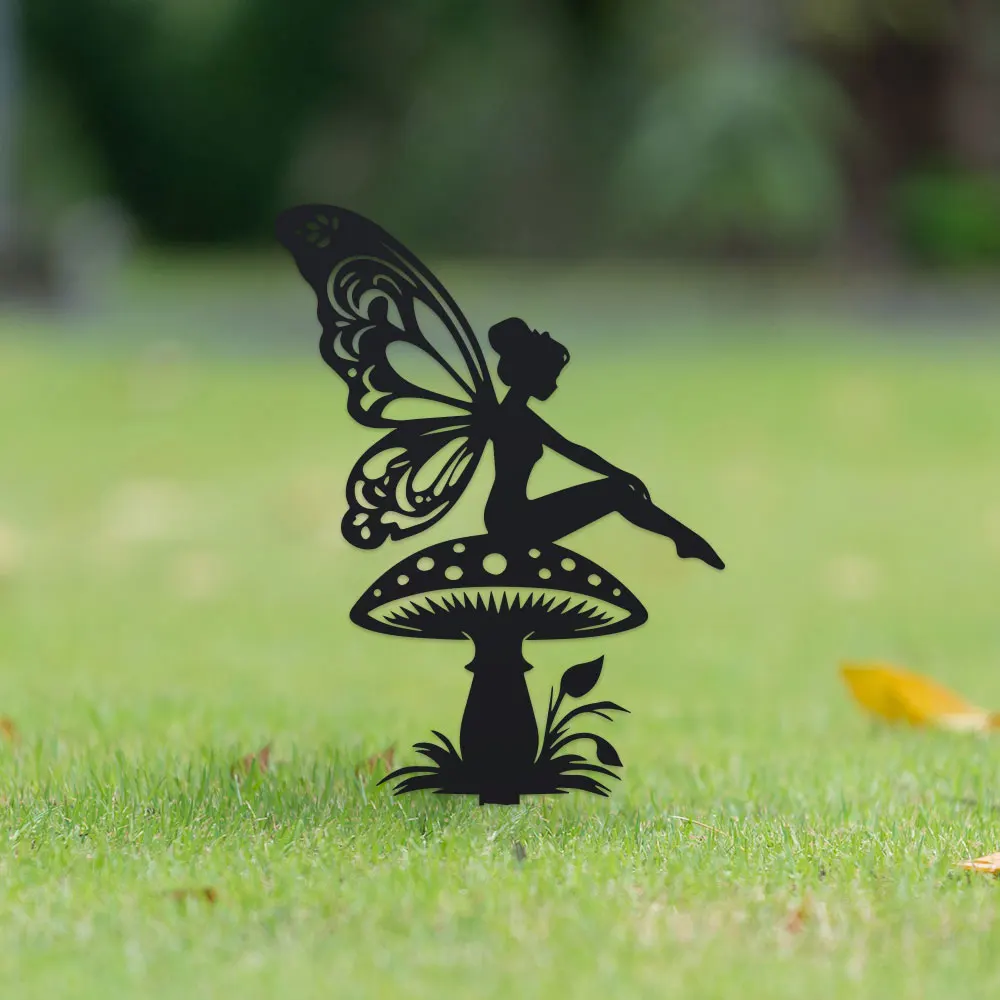 1pc Art Deco Fairy on Mushroom Garden Stake, Metal Silhouette Decor, Floor Mount, Fairy Tale Theme, Flower Pot Decoration thumbnail 5