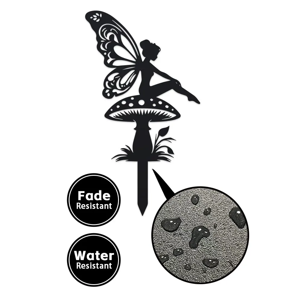 1pc Art Deco Fairy on Mushroom Garden Stake, Metal Silhouette Decor, Floor Mount, Fairy Tale Theme, Flower Pot Decoration thumbnail 4