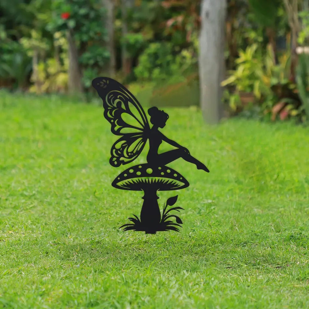 1pc Art Deco Fairy on Mushroom Garden Stake, Metal Silhouette Decor, Floor Mount, Fairy Tale Theme, Flower Pot Decoration