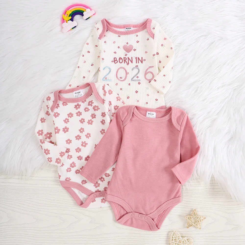 Baby girl onesie 3PCS 2026 New style baby girl clothes Spring/Autumn long-sleeved onesie Cotton fabric Suitable for 0-9months