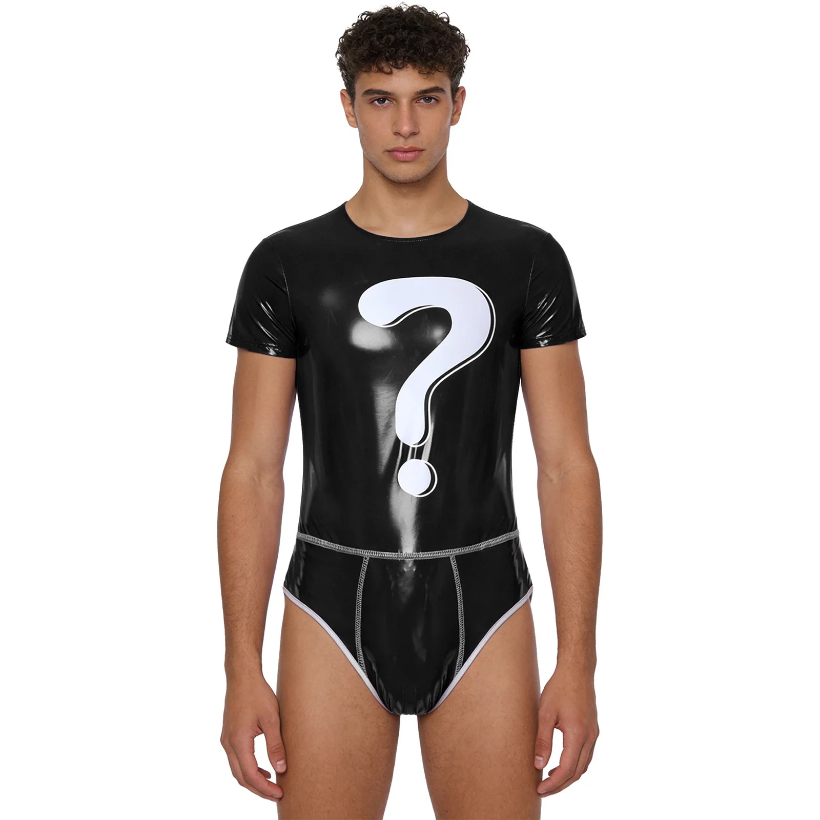 Mens Glossy PU Bodysuit Swimsuit One Piece Question Mark Graphic Bulge Pouch Bodycon Leotard Jumpsuit Swimwear Bathing Suit thumbnail 3