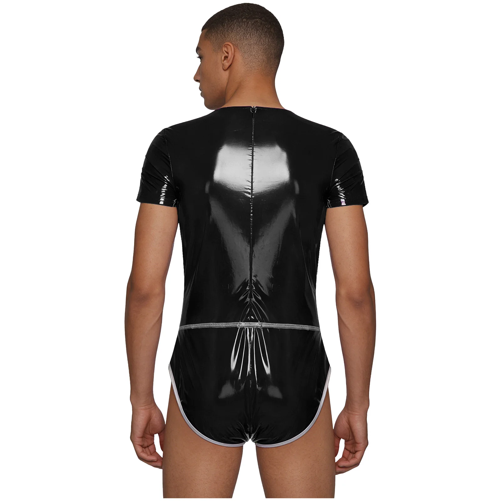 Mens Glossy PU Bodysuit Swimsuit One Piece Question Mark Graphic Bulge Pouch Bodycon Leotard Jumpsuit Swimwear Bathing Suit thumbnail 4