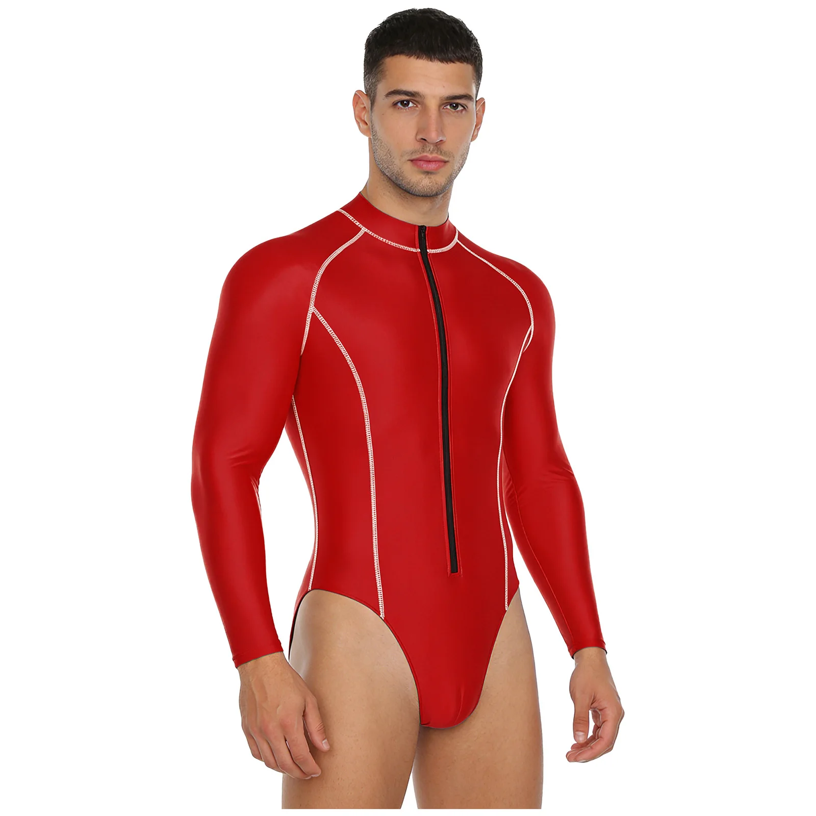 Men Glossy Bodysuit Rash Guard Swimsuit Long Sleeve One Piece Swimwear Front Zipper Leotard Jumpsuit Beach Surfing Swimming Suit