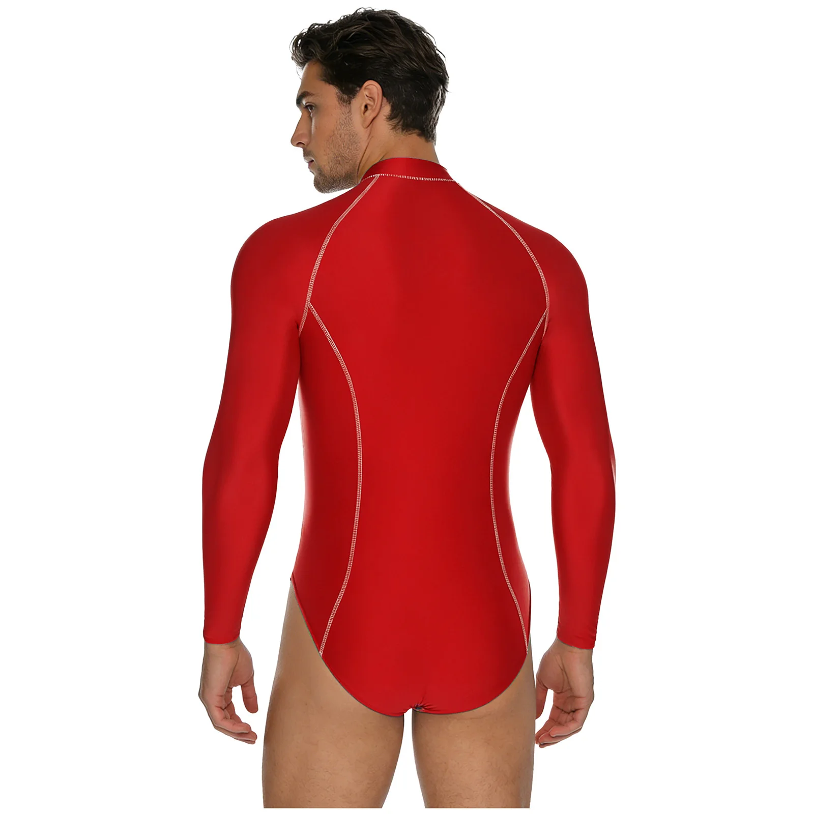 Men Glossy Bodysuit Rash Guard Swimsuit Long Sleeve One Piece Swimwear Front Zipper Leotard Jumpsuit Beach Surfing Swimming Suit thumbnail 2