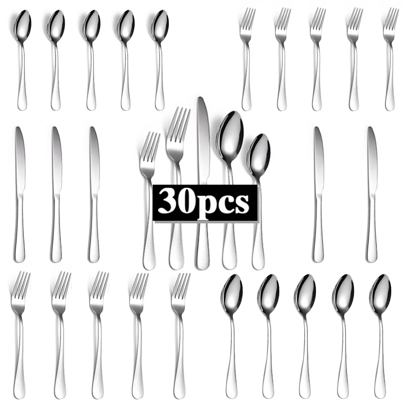 Stainless steel cutlery set of 30-piece household luxury silver cutlery dessert spoon kitchen supplies.